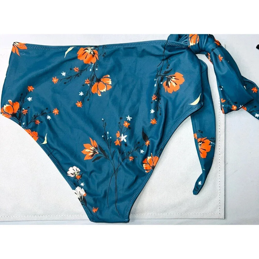 Swim Wear Floral Bikini Bottoms With Side Tie Blue With Orange Swim Bottom Small - Picture 2 of 4